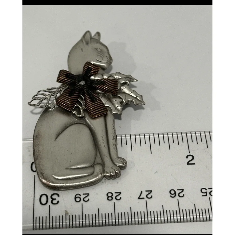 Vintage  Feline Brooch Pin Silver & Copper Tone  Christmas Holly